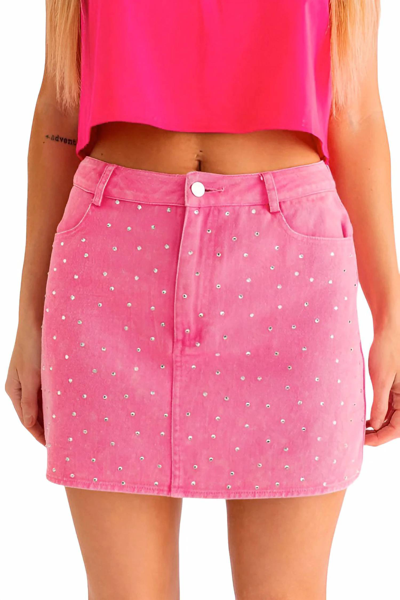 Le Lis Rhinestone Denim Skirt In Pink