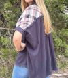 Umgee Plaid Button Down Shirt With Unfinished Frayed Hem In Navy In Blue