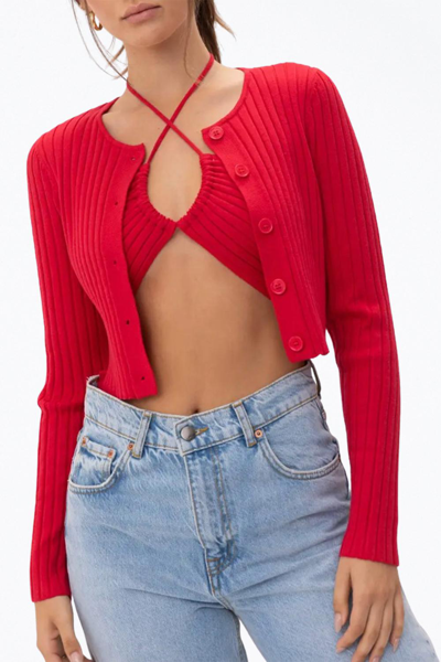 Pretty Garbage Cropped Ribbed-knit Cardigan In Red