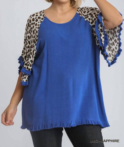 Umgee Linen Blend Animal Print Layered Bell Sleeve Plus Top In Blue