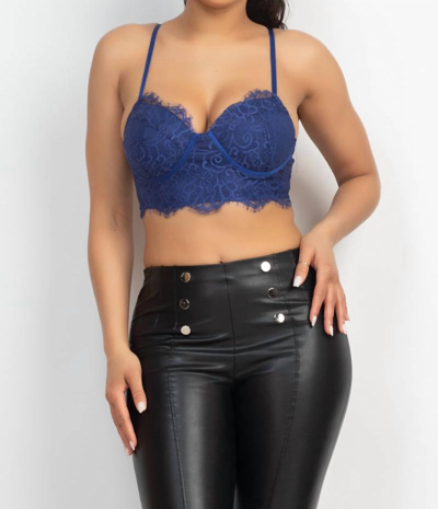 Haute Monde Hook-and-eye Floral Lace Bralette Top In Midnight Blue