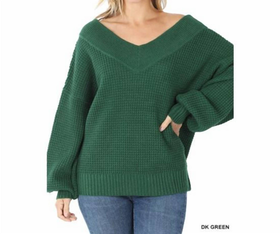Zenana Balloon Sleeve Wide V-neck Sweater In Dark Green