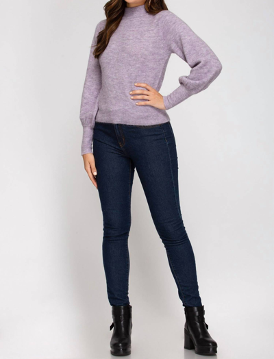 SHE + SKY MOCK NECK TURTLENECK WITH BALLOON SLEEVE SWEATER IN LAVENDER