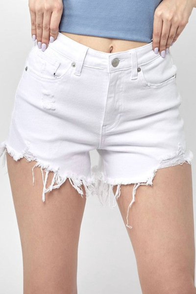 Risen Denim High-waisted Distressed Raw Hem Shorts In White