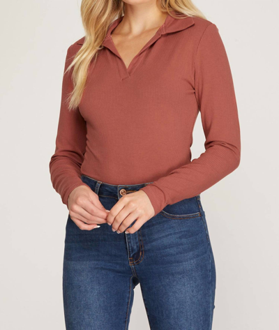 She + Sky Long Sleeve Ribbed Knit Collared Bodysuit In Terracotta In Brown