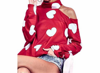 BIBI HEART PRINT TOP WITH ONE OPEN SHOULDER IN RED