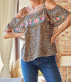 SAVANNA JANE FLORAL EMBROIDERY OFF THE SHOULDER TOP IN LEOPARD