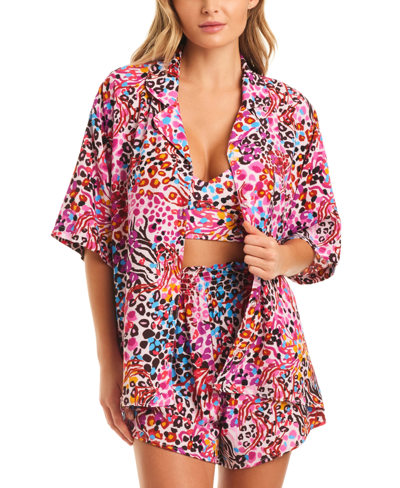 Jessica Simpson Women's Abstract-print Side-frill Cover-up Dress In Pink Multi