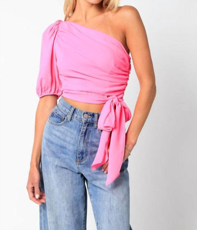 Olivaceous The Gina One Shoulder Puff Sleeve Crop Top In Neon Pink