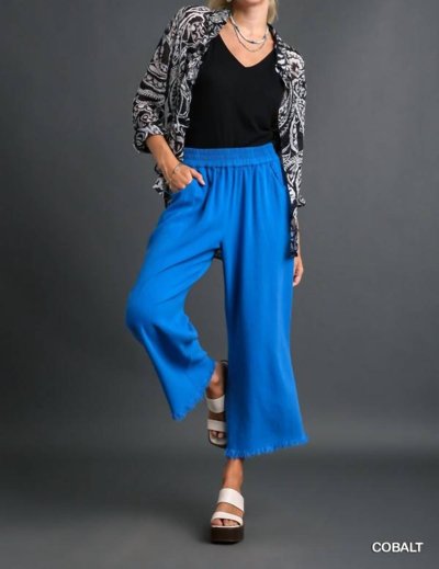 Umgee Wide Leg Pants With Fray - Plus In Cobalt Blue