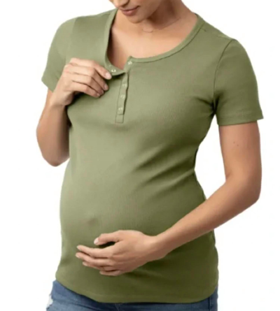 Kindred Bravely Organic Cotton Nursing & Maternity Henley Short Sleeve Shirt In Olive In Green