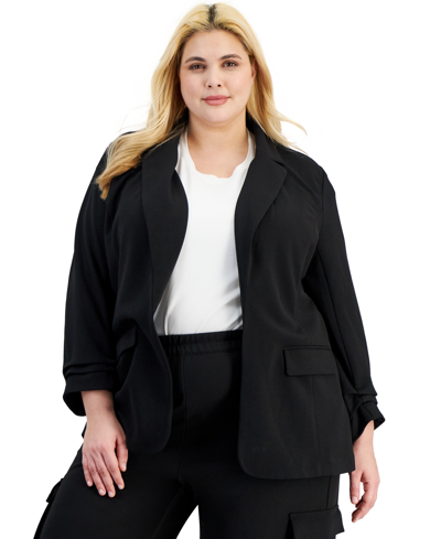 Bar Iii Trendy Plus Size Notch-collar Ruched-sleeve Blazer, Created For Macy's In Deep Black