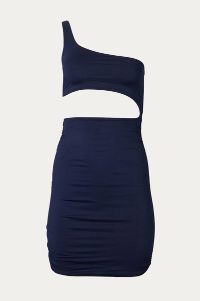 Melody Fashion One-shoulder Ruched Cutout Mini Dress In Navy In Blue