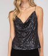 SHE + SKY BACK COWL NECK SEQUIN CAMISOLE IN BLACK