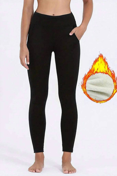 Pretty Bash Fleece Lined Pocketed Thermal Leggings In Black