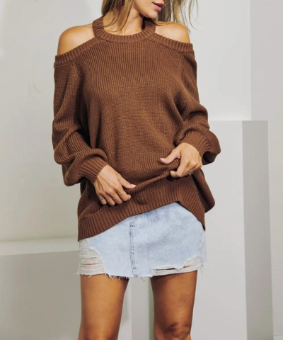 J.nna Cross-back Cold-shoulder Sweater In Brown