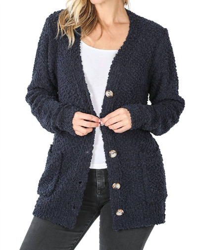 Zenana Popcorn Button Down Cardigan In Midnight Navy In Blue