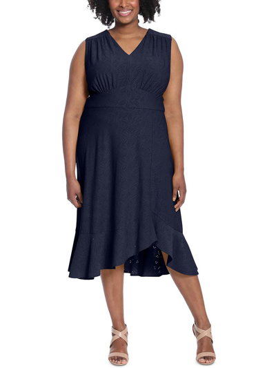 London Times Plus Womens Eyelet Flared Fit & Flare Dress In Blue