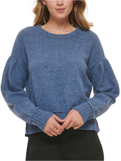 Dkny Jeans Womens Ribbed Trim Puff Sleeve Crewneck Sweater In Blue