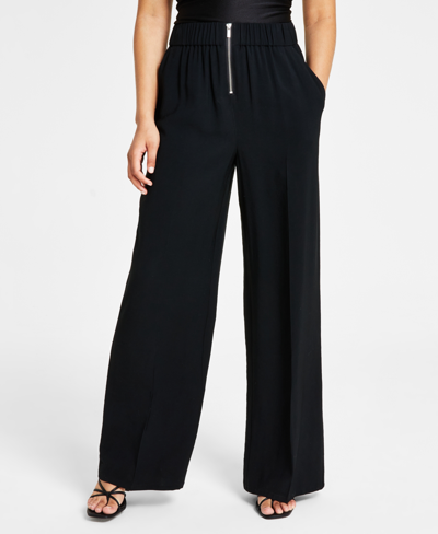 Bar Iii Women's Front-zip Wide-leg Pants, Created For Macy's In Deep Black