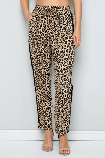 See And Be Seen Leopard Print Straight Leg Pants With Black Side Stripe In Brown