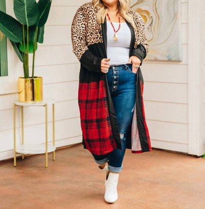 Southern Grace Chill Adulting Cardigan With Leopard And Plaid In Black