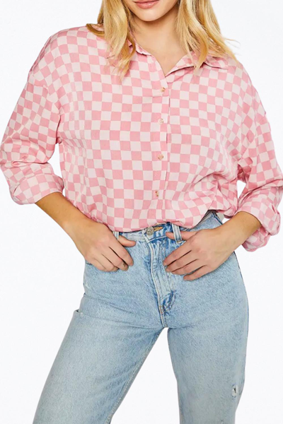 Pretty Garbage Oversized Checkered-print Woven Shirt In Pink