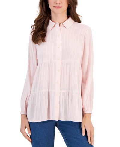 Style & Co Petite Tiered Button-front Long-sleeve Shirt, Created For Macy's In Mocha Rose