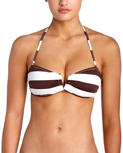 Pq Swim Women Godiva Striped Halter Spaghetti Strap Bandeau Swimsuit Bikini Top In Brown White In Yellow