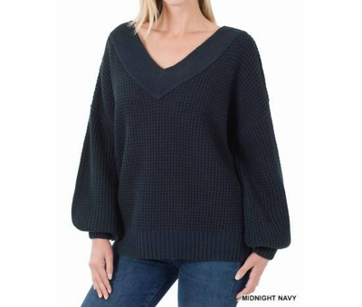 Zenana Balloon Sleeve Wide V-neck Sweater In Midnight Navy In Blue