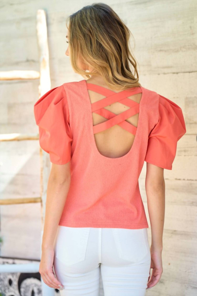 Hailey & Co Criss Cross Back Short Sleeve Top - Coral In Pink