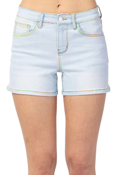 Judy Blue Rainbow Thread Mid Rise Short In Light Blue