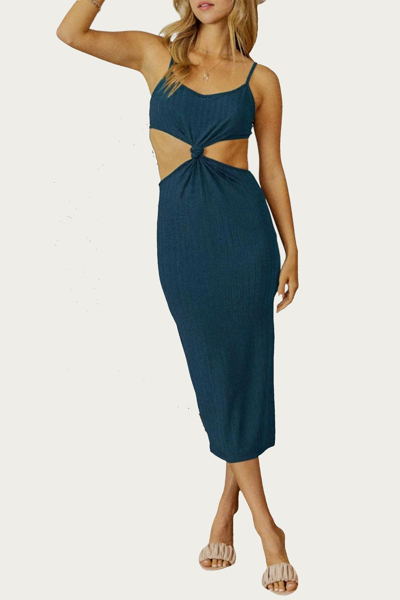 Endless Blu. Knotted Cutout Midi Dress In Teal In Blue