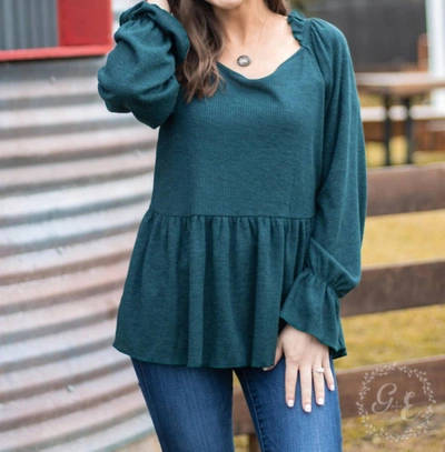 Southern Grace How 'bout Those Ruffles Long Sleeve With Neck Line Ruffles Top In Emerald Green