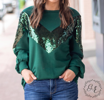 Southern Grace A Diva Named V Balloon Long Sleeve Top With Sequins In Green