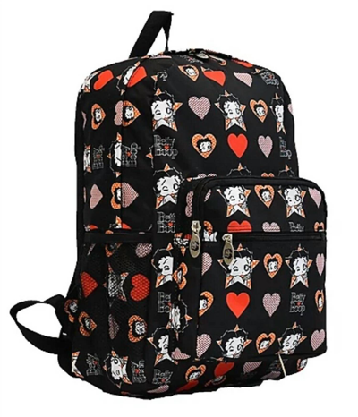 Betty Boop Women's Microfiber Large Backpack In Black With Hearts/stars In Multi
