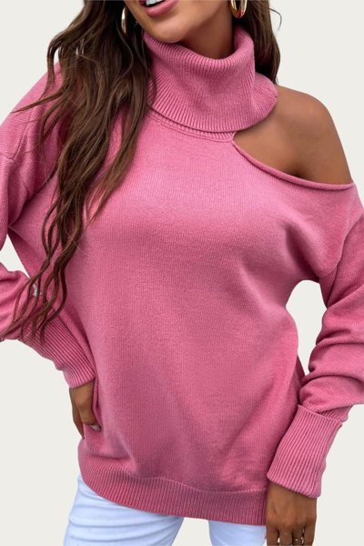 Esley Collection Cold-shoulder Turtleneck Sweater In Pink