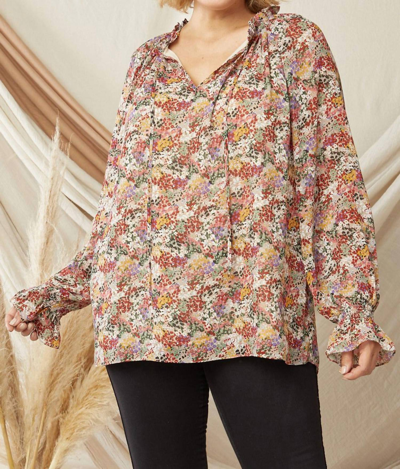 Entro Ruffle Detail V Neckline Blouse In Watercolor Floral Print In Brown