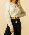 HYFVE DOUBLE ZERO CABLE KNIT DRAWSTRING HEM CROP SWEATER IN WHIP CREAM