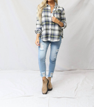 Love Tree Flannel Plaid Top In Navy In Blue