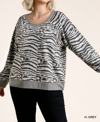 Umgee French Terry Zebra Plus Sweat Shirt In Heather Grey In Grey