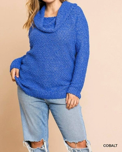 Umgee Cowl Neck Plus Nubby Sweater In Cobalt Blue