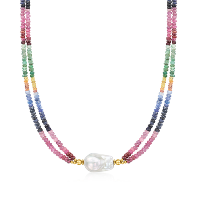 Ross-simons 22x14mm Cultured Baroque Pearl And Multicolored Sapphire Bead Necklace With 18kt Gold Over Sterling In Pink
