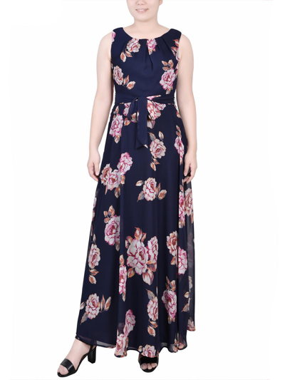 Ny Collection Petite Sleeveless Belted Chiffon Maxi Dress In Navy Space Floral