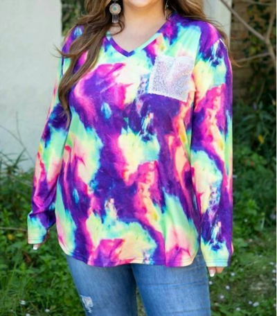 Lucky & Blessed Tie Dye V Neck Sequin Pocket Plus Top In Multi