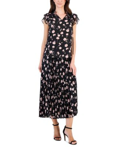 Anne Klein Womens Floral Print Flutter Sleeve Blouse Midi Skirt In Black,cherry Blossom