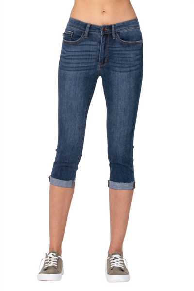 Judy Blue High Rise Frayed Hem Relaxed Fit Jean In Dark Wash In Blue