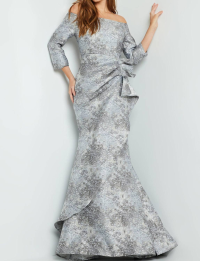 Jovani Quarter Sleeve Mermaid Evening Gown 09550 In Grey/silver