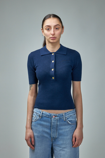 Ganni Short-sleeve Ribbed Wool Polo Top In Sky Captain