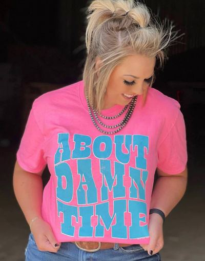 Texas True Threads Comfort Colors About Damn Time Tee In Pink & Aqua In Multi